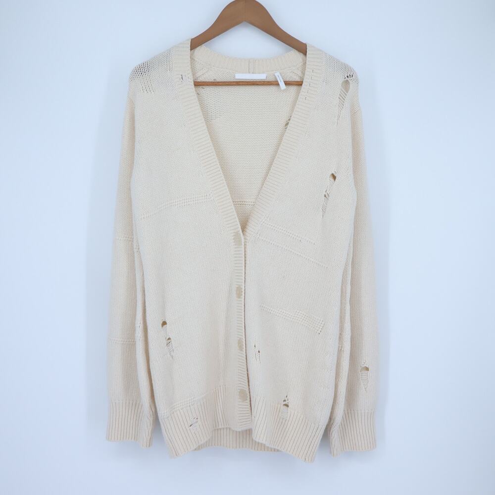 Helmut Lang Distressed Button Up Cardigan Cream Wool Blend Oversized Women's XS